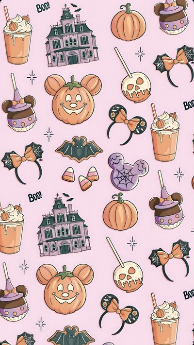 a pink background with halloween themed items on it Halloween Disney Disney Spooky, Pink Disney Halloween, Fall Disney Background, misty rose