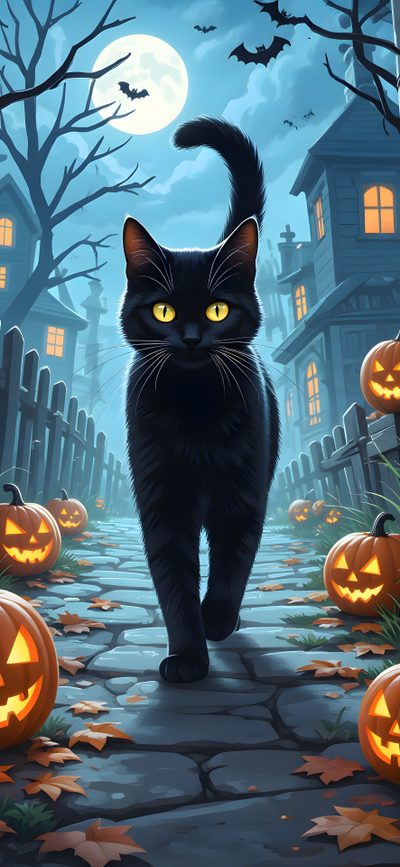 a black cat with glowing eyes is walking in front of halloween pumpkins and jack - o'- lanterns Cute Cat Halloween Halloween Cat For Phone, Halloween Black Cat, Black Cat Halloween, Halloween Cats, dim gray