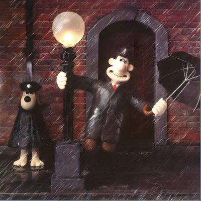 a statue of a man holding an umbrella and standing next to a teddy bear in the rain Wallace And Gromit Halloween Hd Animated Movie Rainy Scenes, Cartoon Characters Rainy Night, Classic Cartoon Rainy Day, dark slate gray