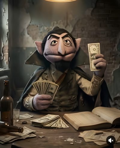 a cartoon character holding money and sitting at a table Muppets Halloween Movie Art, Cute Art, Cool Cartoons, Count Von Count Funny, dark slate gray