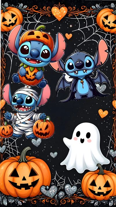 three cartoon characters with pumpkins and jack - o'- lanterns in the background Cute Stitch And Angel Halloween Stitch Halloween Background, Stitch Halloween Iphone, Lilo And Stitch Halloween, dark slate gray
