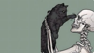 a cat is sitting on the back of a skeleton's head and looking at it Halloween Skeleton Cat Cat Skeleton Background, Skeleton Laptop, Skeleton Laptop Aesthetic, light slate gray