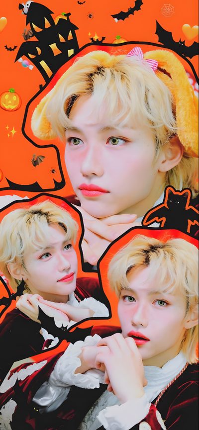 two young men with blonde hair and orange background Felix Halloween Halloween Skzoo, Halloween Skz, Felix Halloween, K Pop Halloween, Skz Halloween, peru