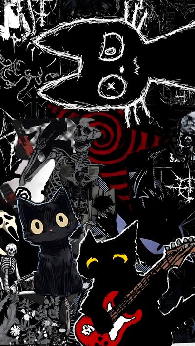 a black cat with a red guitar in its mouth Lockscreen Grunge Edgy Aesthetic Halloween Cute Alt Backgrounds, Emo Ideas, Grudge Aesthetic, black