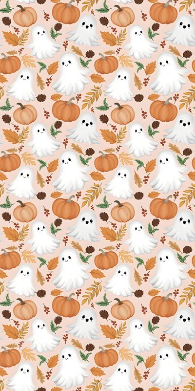a white dog surrounded by pumpkins, leaves and acorns on an orange background Halloween Pattern Seamless Halloween Pattern Iphone, Patterns Halloween, Halloween Seamless, bisque