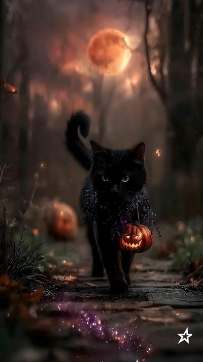 a black cat walking down a path with a pumpkin in it's mouth at night Halloween Witch Cat Happy Halloween Gif, Halloween, Halloween Live, Happy Halloween Pictures, dark slate gray