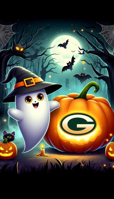 a green bay packers pumpkin and ghost Packers Halloween Green Bay Packers, Packers Christmas, Go Pack Go, Packers Fan, dark slate gray