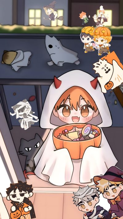 an animated halloween scene with many cats and pumpkins on the floor, including a ghost Haikyuu Halloween Anime Halloween, Halloween, Haikyuu Anime, Haikyu, Anime, Anime Guys, gray