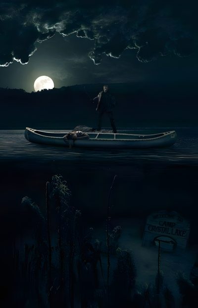 a man standing on top of a boat in the water at night with a full moon behind him Camp Crystal Lake Halloween Jason Voorhees Boat, Jason Friday The 13th Background, Jason Voorhees Walking Out Of Lake, black