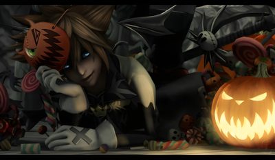 a cartoon character sitting next to a pumpkin Sora Halloween Town 1920x1080 Kingdom Hearts Halloween Fanart, Sora Kingdom Hearts Halloween, Halloween Sora Pfp, black