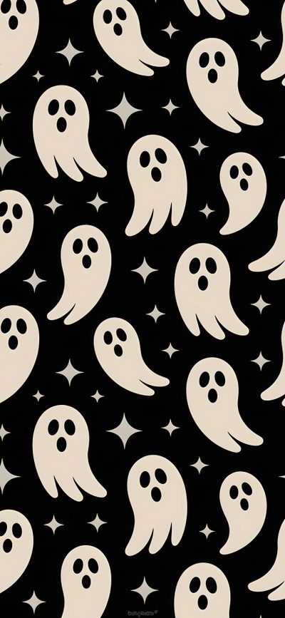 black and white ghost pattern with stars on the bottom right hand corner for halloween wallpaper Phone Halloween Spooky Backgrounds Iphone, Bg Pattern, Iphone Spooky, Spooky Iphone, black