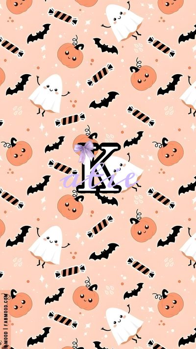 an image of halloween themed wallpaper with pumpkins and bats on pink background, including the letter k Halloween-themed Name Xanthia Name, Matching Halloween Names, Cute Halloween Themed Names, peach puff