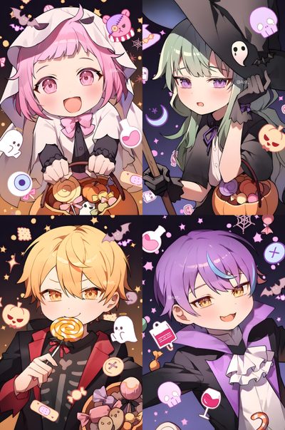 some anime characters are eating food and posing for the camera with their faces covered in candies Pjsk Halloween Pjsk Hello Kitty Collab, Riamu Yumemi, Hanako And Nene Cute, Riamu Yumemi Idolmaster, gray
