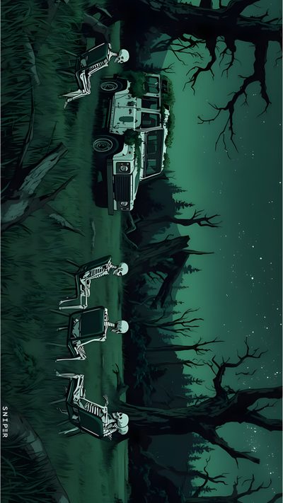 a group of skeletons sitting on top of a lush green field next to a forest Halloween Skeleton Desktop Landscape Portrait, Dark Forest 4k, 8k Mac, 8k Windows, dark slate gray