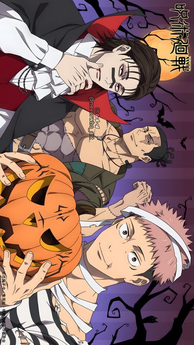 two anime characters with pumpkins on their heads and one holding a jack - o'- lantern Jujutsu Kaisen Halloween Choso Yuji, Todo Choso And Yuji, Choso And Yuji Official Art, dim gray