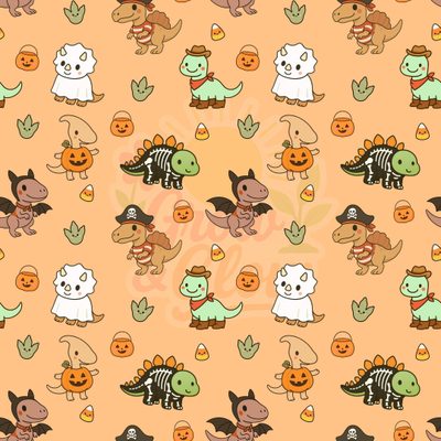 an orange background with many different cartoon animals and pumpkins on it's sides Halloween Dinosaur For Nursery Halloween Dinosaur Background, Cute Dinosaur Iphone, Fall Dinosaur, burlywood