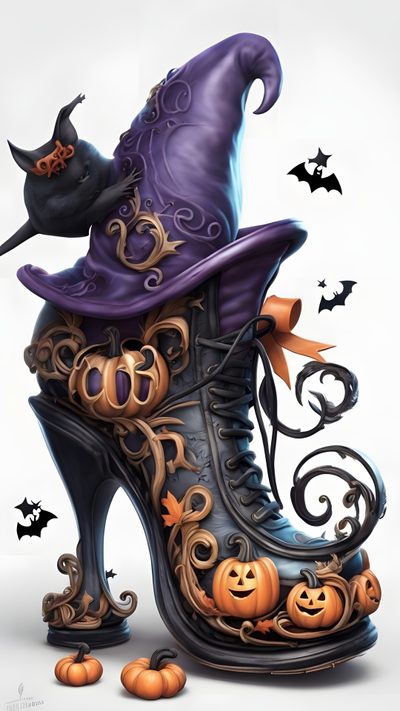 a shoe with a witch's hat and pumpkins on the top is surrounded by bats Halloween Retro Shoes With Pumpkins Witch Shoes Drawing, Witch Shoes Cartoon, Halloween Boots Drawing, rosy brown