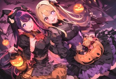 two girls dressed in halloween costumes holding pumpkins and jack - o'- lanterns Oshi No Ko Halloween Oshi No Ko Halloween, Halloween Fanart Anime, Halloween Anime Fanart, dim gray