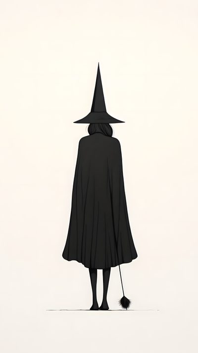 a drawing of a person in a black cloak and hat with a broom on their head Basic Witch Halloween Witchy Iphone, Witch Board For Phone, Witch Background, Subtle Witch, linen