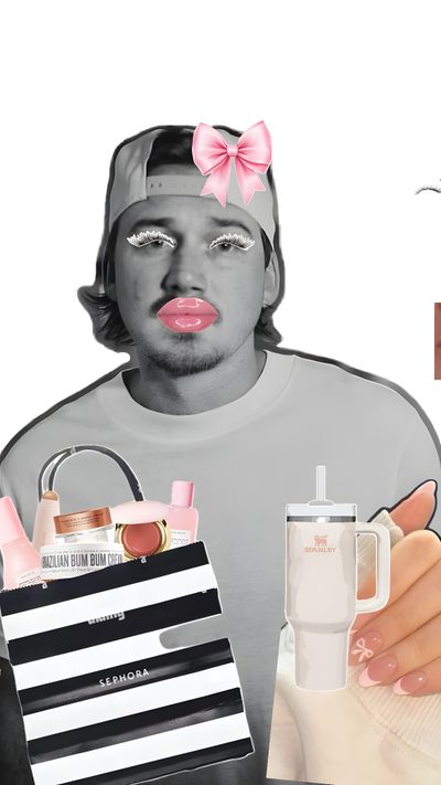a man with a pink bow on his head holding a bag and a coffee cup Morgan Wallen Halloween Little Miss Morgan Wallen, Morgan Wallen Pink, I Heart Morgan Wallen, light gray