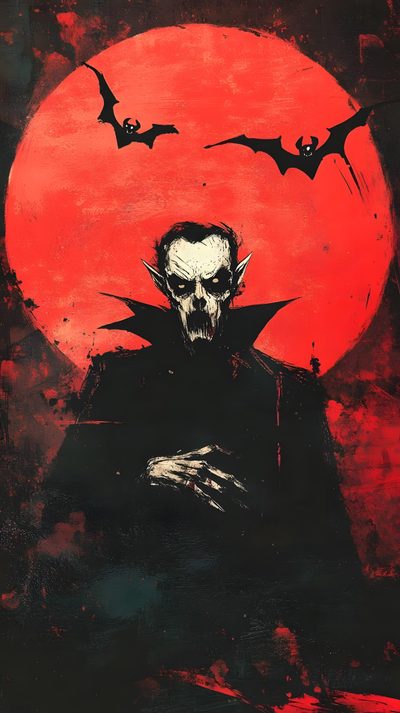 a painting of a demon with bats flying over it Dracula Halloween Nosferatu, Nosferatu Iphone, Count Dracula, Nosferatu Aesthetic, dark slate gray