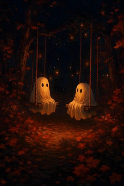 two ghost sitting on swings in the woods Halloween Duo Halloween Aesthetic Ghost, Vintage Halloween Aesthetic, Funny Spooky Pictures, Geist, black