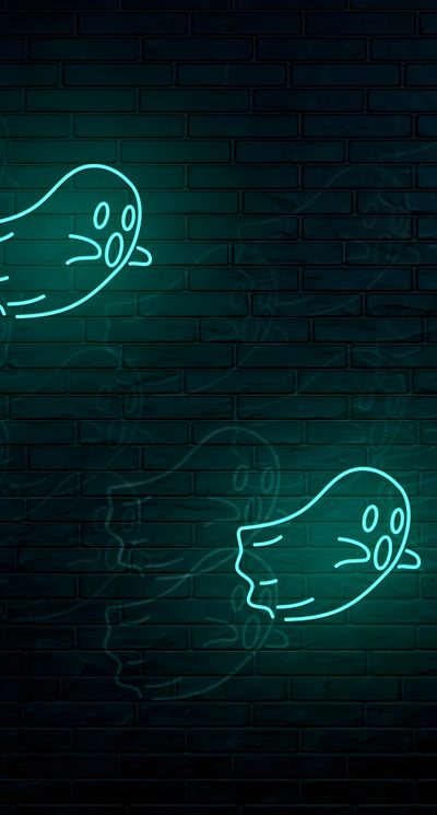 three neon signs on a brick wall with ghost and cat faces glowing in the dark Glow In The Dark Halloween Neon Glow, Live Halloween Iphone, Neon Halloween, Live Iphone Halloween, black
