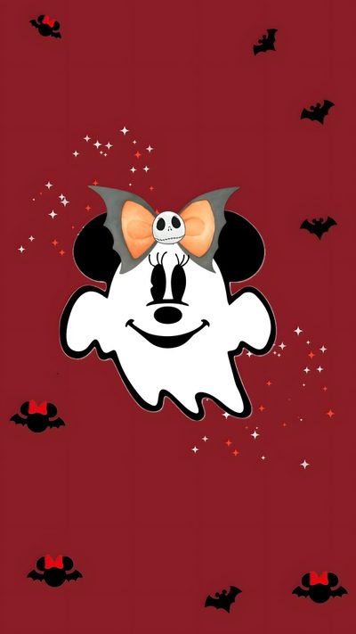 a red background with black and white cartoon character on it's face, bats flying around Disney World Halloween Mickey Ghost, Disney Halloween Iphone, Minnie Halloween, Cute Halloween Disney, brown