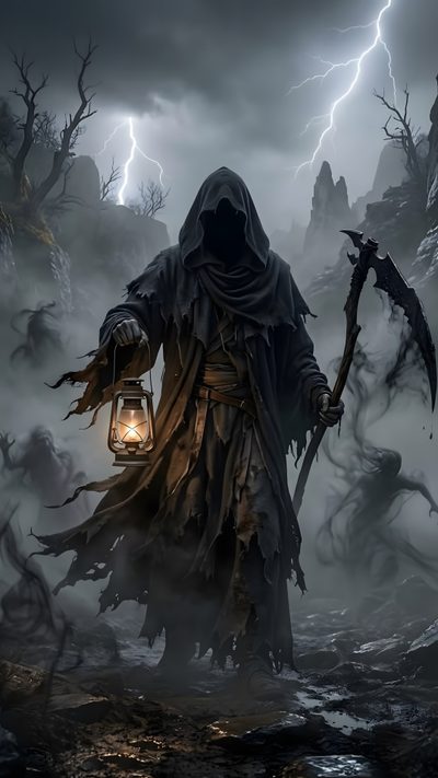 a man with a lantern in his hand standing on the ground surrounded by trees and lightning Grim Reaper Halloween Reaper Character Design, Grim Reaper Ghost, Dark Grim Reaper Tattoos, dark slate gray