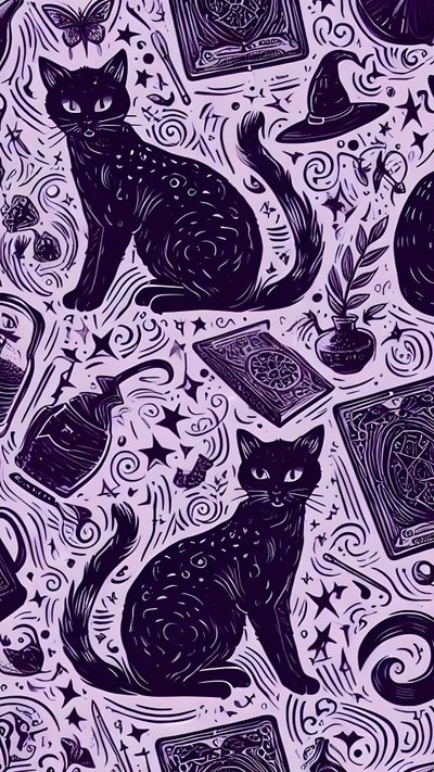 a purple background with black cats and books Feline Halloween - Black On Lavender Add, Black And Purple, Mysterious Purple, Tablet Purple, dim gray