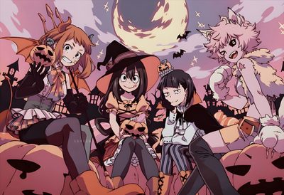 anime characters sitting on rocks in front of a full moon with bats and cats around them Aesthetic Mha Halloween Aesthetic Cute Halloween Banner, My Hero Academia Halloween, Halloween Twitter Banner, gray