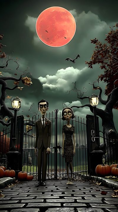 two people standing next to each other in front of a gate with bats and pumpkins Halloween Family Cameos Creepy Halloween Iphone, Halloween Dark, Halloween Creepy, Iphone, dark slate gray