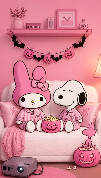 a cartoon dog sitting on top of a white couch next to a pink wall with halloween decorations My Melody Halloween Cute Halloween Pics, Hello Kitty Backgrounds, Hello Kitty Accessories, pale violet red