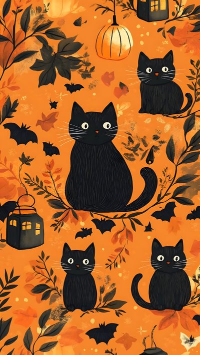 an orange background with black cats and pumpkins Halloween Black Cat Pillow Cat Pattern On Orange Background, Black Cat Autumn Background, Fall Black Cat, chocolate