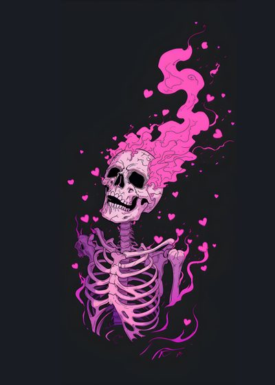 a skeleton with pink hair and hearts on it Pink Halloween Skeleton Glitter Skeleton, Pink Spooky Aesthetic, Pink And Black Skeleton,