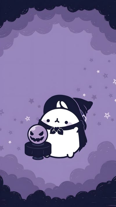 a purple background with an image of a cat holding a pumpkin Kawaii Cute Purple Halloween Kawaii Halloween, Halloween Kawaii, Cute Purple Halloween, Molang,