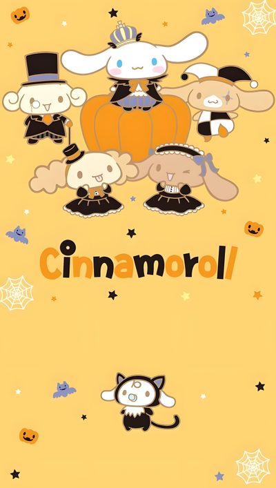 an orange background with cartoon animals and pumpkins on the bottom right corner, says cinnamon Happy Halloween Cinnamoroll Halloween Cinnamoroll Halloween, Pompompurin Halloween, Cinnamoroll In A Pumpkin, khaki