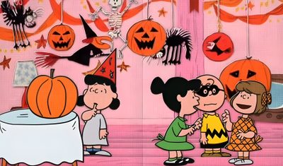 charlie and his friends are dressed up for halloween with pumpkins hanging from the ceiling Charlie Brown Halloween Laptop Great Pumpkin Desktop, Peppermint, Cartoon Halloween Desktop, pale violet red