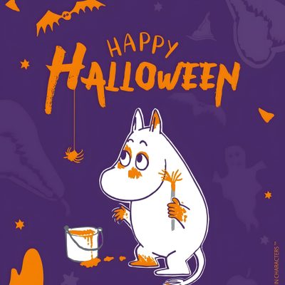 a happy halloween card with a cartoon character holding a paint can Moomin Halloween Halloween Moomin Mug Collection, Moomin Fall, Moomin Halloween, dark slate blue