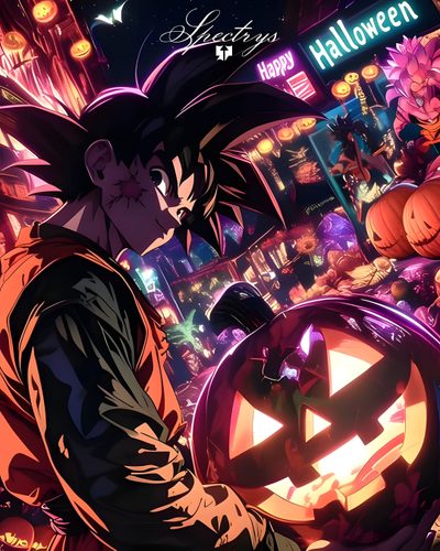 an anime character holding a pumpkin in front of a halloween scene Halloween Goku Goku 2, dark slate gray