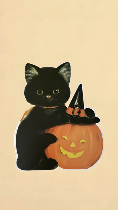 a black cat sitting on top of a pumpkin Cute Retro Style Halloween Black Cats Vintage Halloween Images, Black Cat Decor, Vintage Halloween Art, wheat