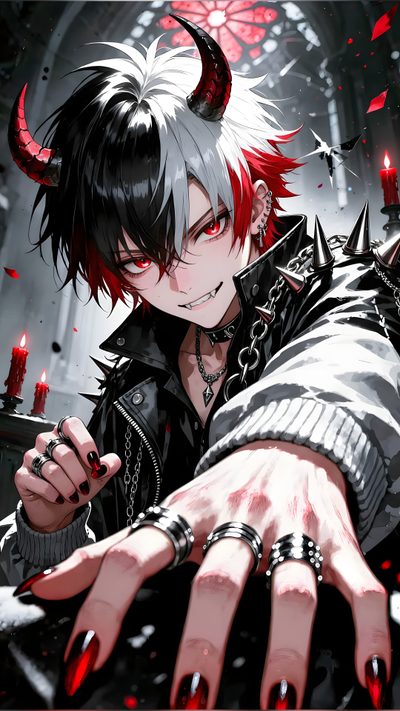 an anime character with red hair and horns on his head, holding a hand in front of him Halloween Anime Boy Anime Goth, Anime Boy Demon, Anime Goth Boy, Goth Boy, Anime Demon Boy, dim gray