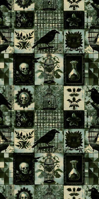 a black bird sitting on top of a cage next to a skull and flower pattern Halloween Green Gothic St Patricks Day, Backgrounds Goth, Goth Fall, Pagan Iphone, dark slate gray