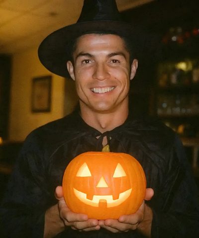 a man in a witches hat holding a carved pumpkin Halloween Soccer Cristiano Ronaldo Halloween, Ronaldo Halloween, Pop Art Comic, Halloween Night, black