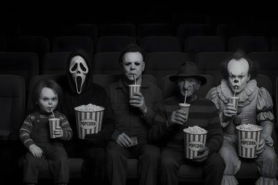 three adults and two children sitting in front of a movie theater with scary masks on their faces Halloween Movie Desktop Halloween Desktop, Michael Myers And Jason, Cool Nike, Crazy, Slasher Movies, black