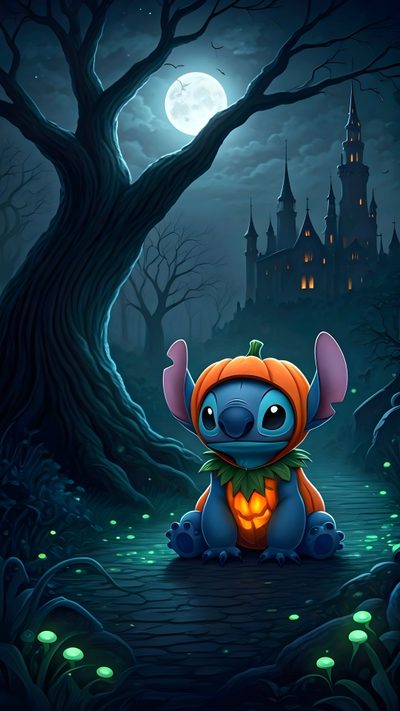 a cartoon character sitting on the ground in front of a castle Halloween Stitch Disney Halloween, Halloween Backgrounds, Love, Stitch Drawing, dark slate gray