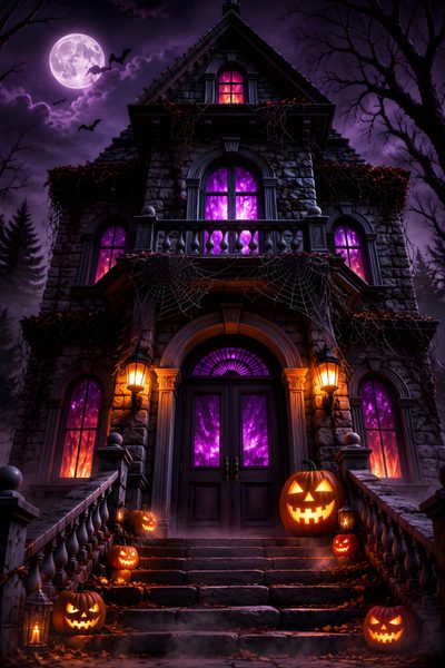 a halloween house with pumpkins on the steps Halloween House Ideas Haunted House Background, Spooky Halloween Pictures, Scary Houses, Creepy Spider, black