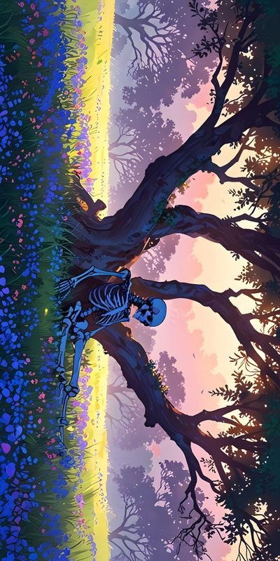 a painting of a skeleton sitting on a tree branch in the middle of a forest Ultrawide Halloween Pc 4k Art, Performative, Background Images Pc, Computer Hd Aesthetic, dark slate blue