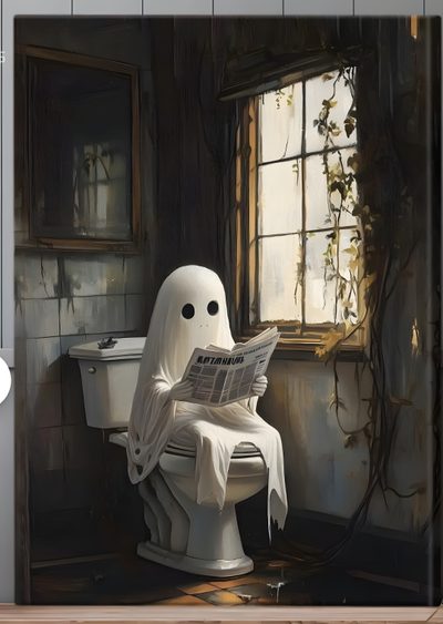 a toilet with a ghost sitting on top of it in front of a bathroom window Halloween Bathroom The Bathroom Ghost, Toilet Ghosts, Ghost On Toilet, Toilet Ghost, dark slate gray