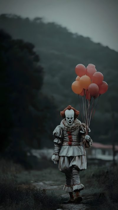 a creepy clown holding balloons walking down a road Clown Halloween Pennywise Pics, Pennywise Photo, Pennywise 2017, Pennywise Reference Photo, dark slate gray